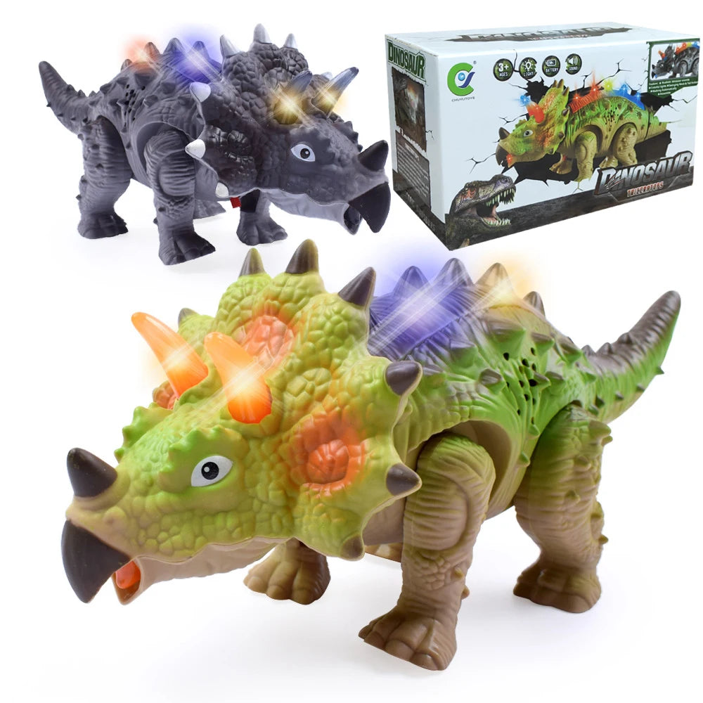 A green dinosaur toy T-Rex with spiky features and glowing eyes is shown next to its boxed packaging.