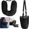 Black self-filling travel pillowcase organizer with a U-shaped design shown in various angles.