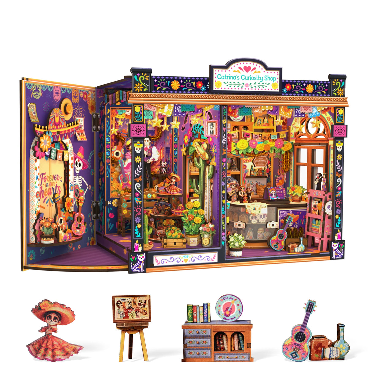 A detailed miniature shop display featuring colorful decor and books, alongside a small wooden book stand.