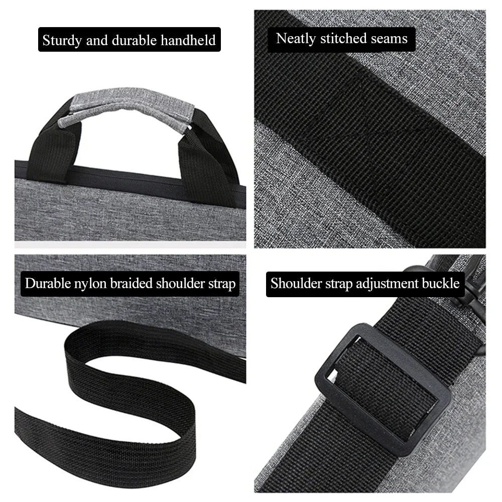 Nahaufnahme einer Laptop-Messengertasche mit stabilen Griffen, ordentlich genähten Nähten und einem strapazierfähigen Nylon-G