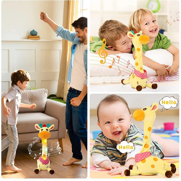 A baby smiling while holding a yellow dancing talking giraffe plush toy.