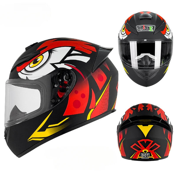 A black and red retro full face motorcycle helmet with a clear visor shown from the side and top view.