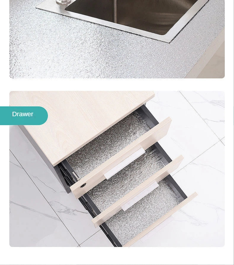 A close-up view of a stainless steel kitchen backsplash sticker installed on a countertop.