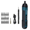 A black and teal compact cordless electric screwdriver with an adjustable torque feature and a detachable driver bit.