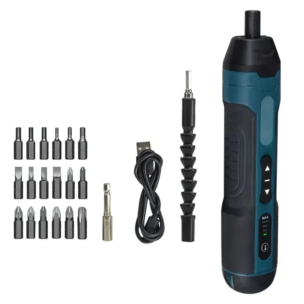 A black and teal compact cordless electric screwdriver with an adjustable torque feature and a detachable driver bit.