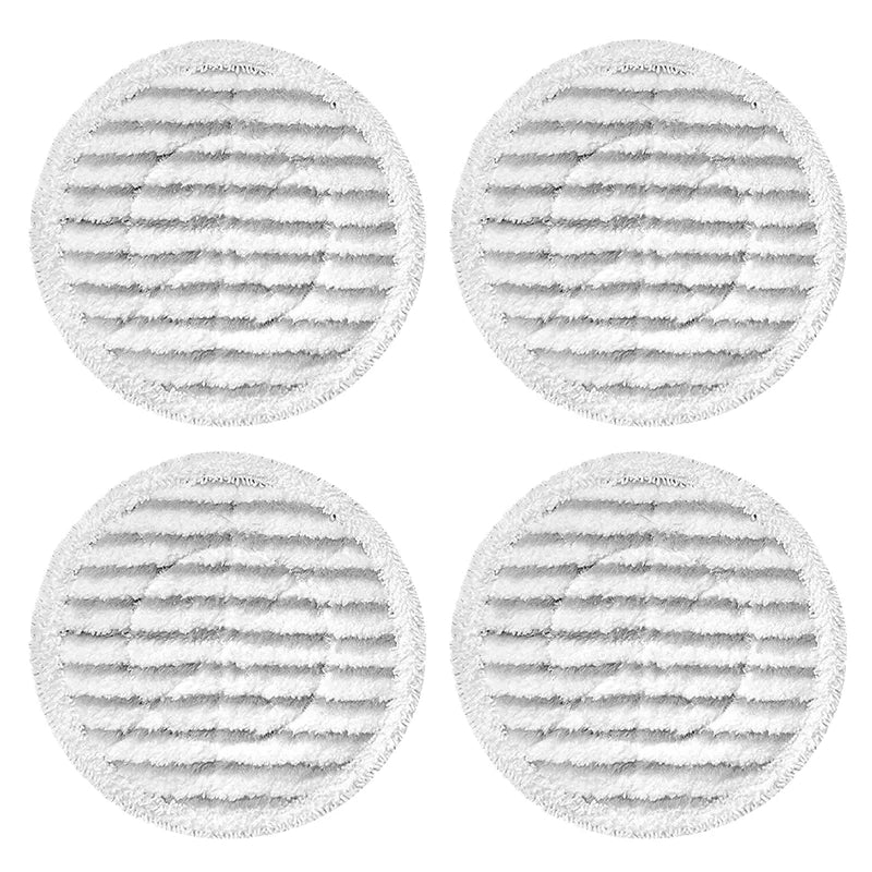 Four circular images showing textured gray replacement mop cloths.