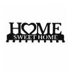 Black rustic iron wall hooks shaped like the words HOME and SWEET HOME for organization