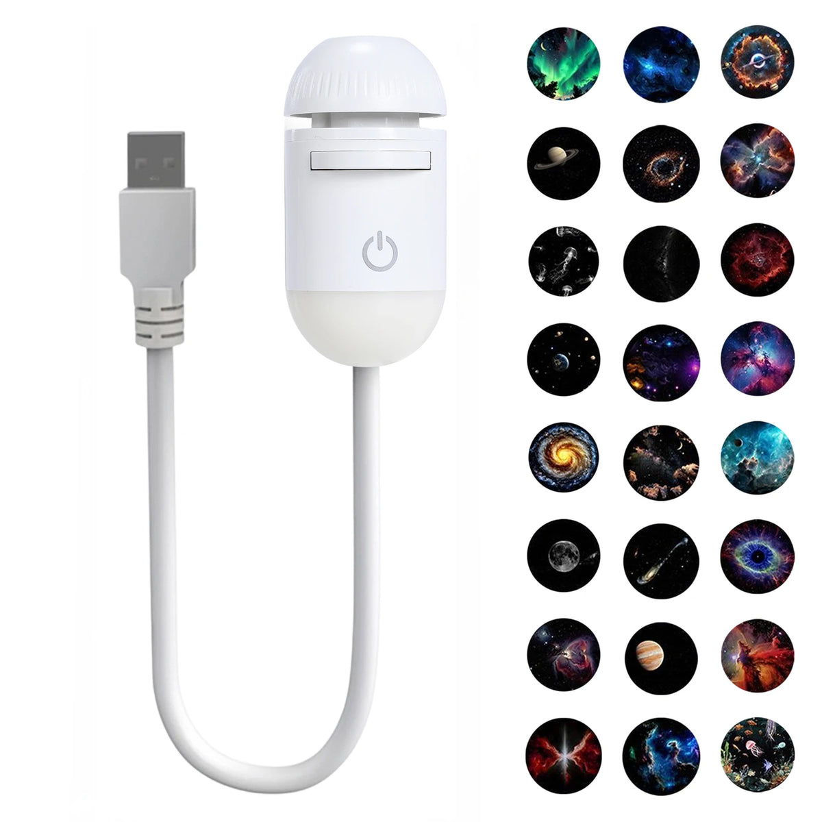 A white 2-in-1 mini galaxy star projector night light with a USB connector and multiple star patterns.