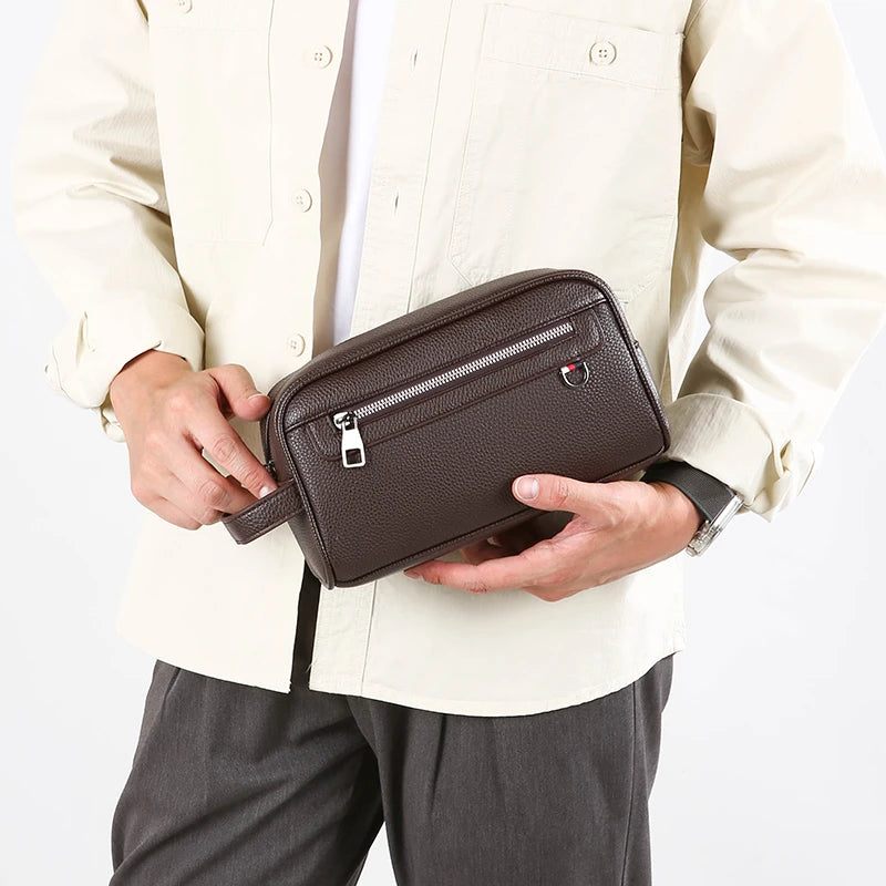 Men's Soft Leather Business Clutch Bag – Minimalist Travel Handbag with Zipper Closure