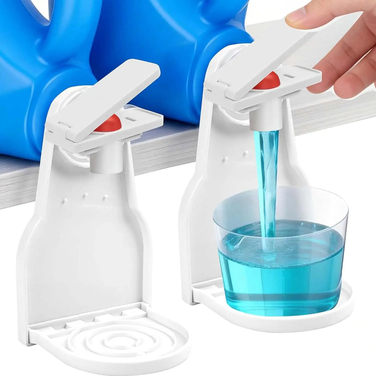 A white laundry detergent cup holder with a drip tray and a red dropper is shown next to a blue plastic jug.
