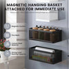 A magnetic hanging basket attached to a refrigerator for immediate use, made of carbon steel with a fine mesh.