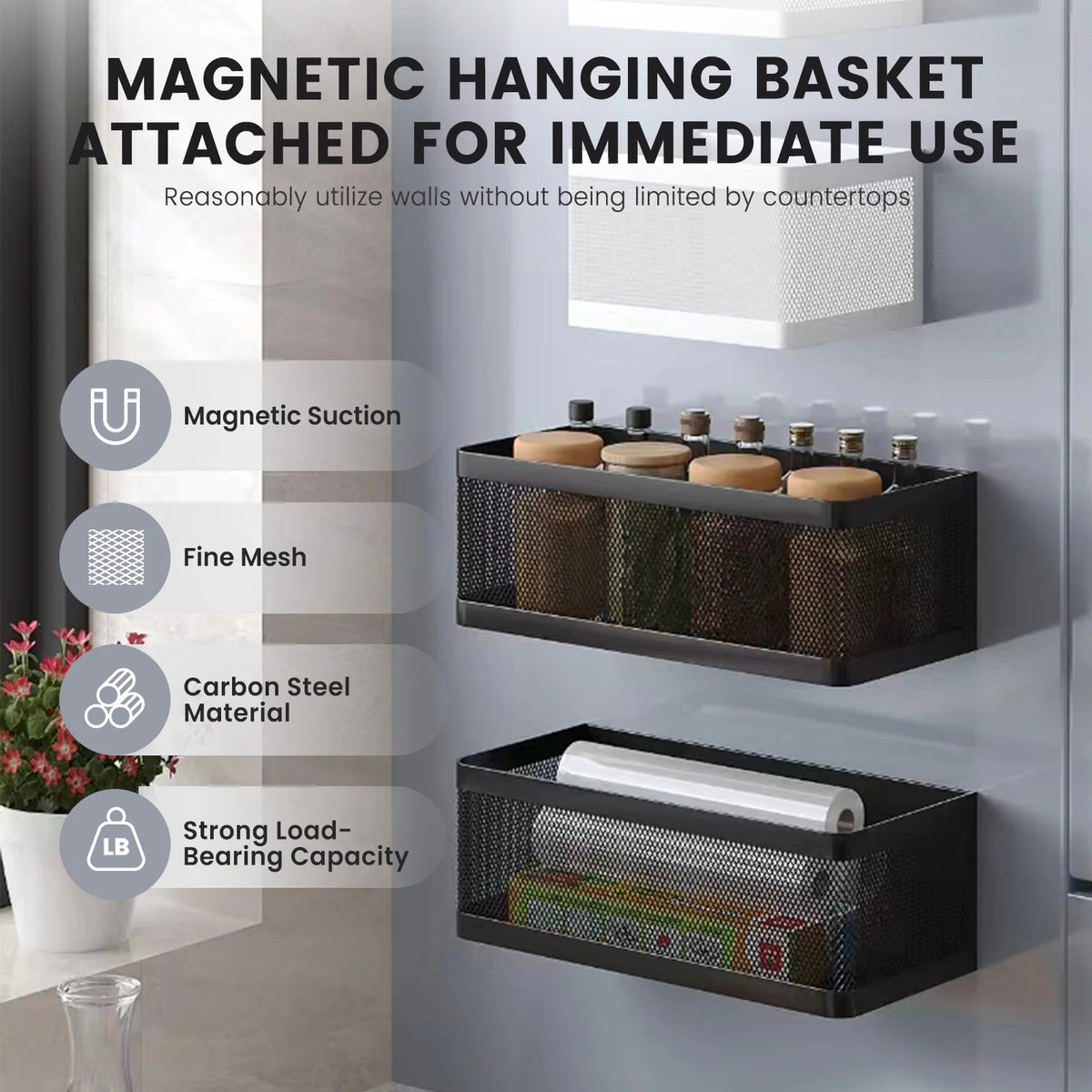A magnetic hanging basket attached to a refrigerator for immediate use, made of carbon steel with a fine mesh.