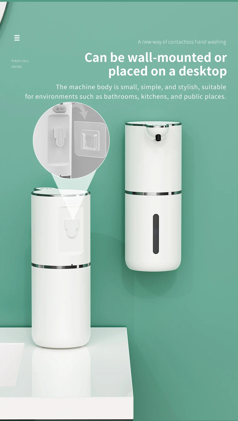 A white touchless automatic soap dispenser mounted on a wall, shown next to an inset diagram.