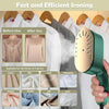 A handheld garment steamer is shown demonstrating the before and after of ironing various fabrics like linen, silk, cotton, j