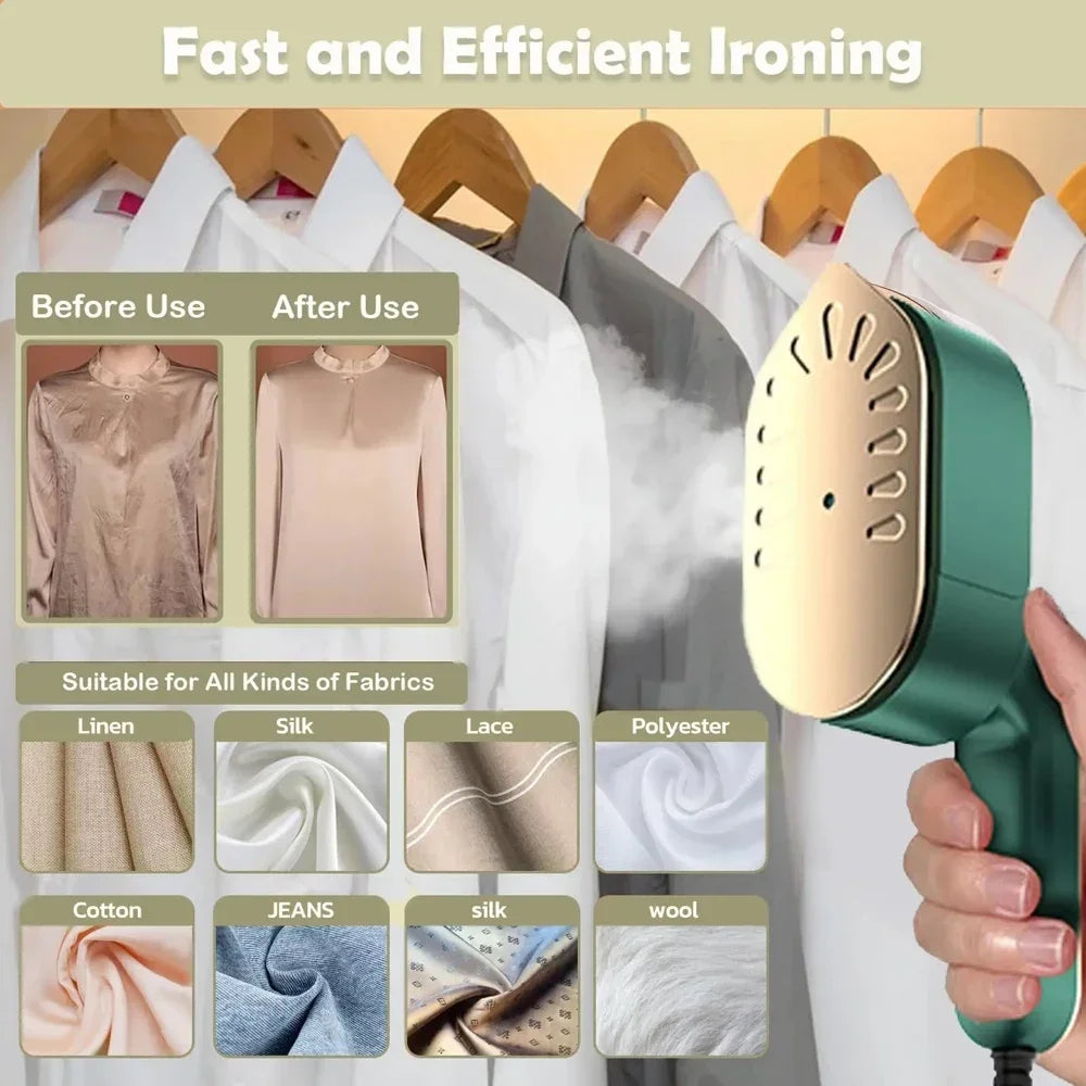 A handheld garment steamer is shown demonstrating the before and after of ironing various fabrics like linen, silk, cotton, j