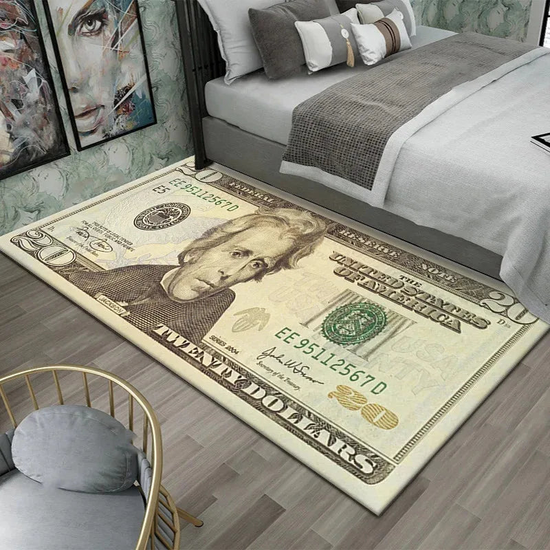 Alfombra antideslizante decorativa con estampado de dólar, mostrando un billete de veinte dólares vintage sobre un suelo gris
