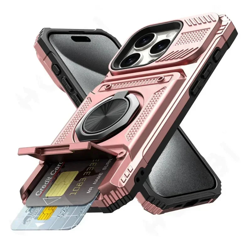 A pink multi-model protective phone case with a magnetic ring stand and credit card visible.