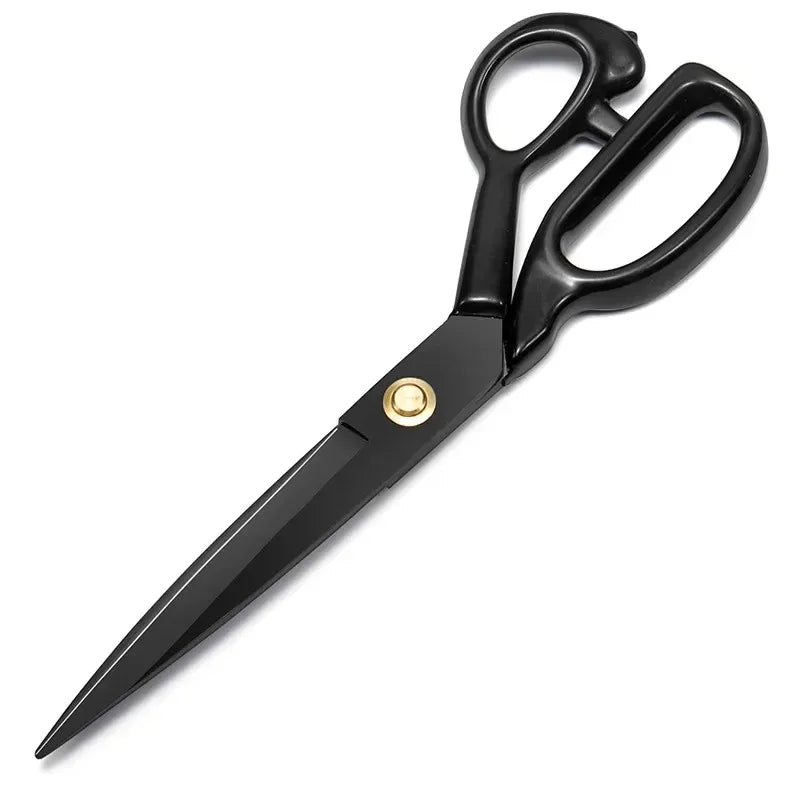 A pair of black professional heavy-duty fabric shears for tailoring and leatherwork.