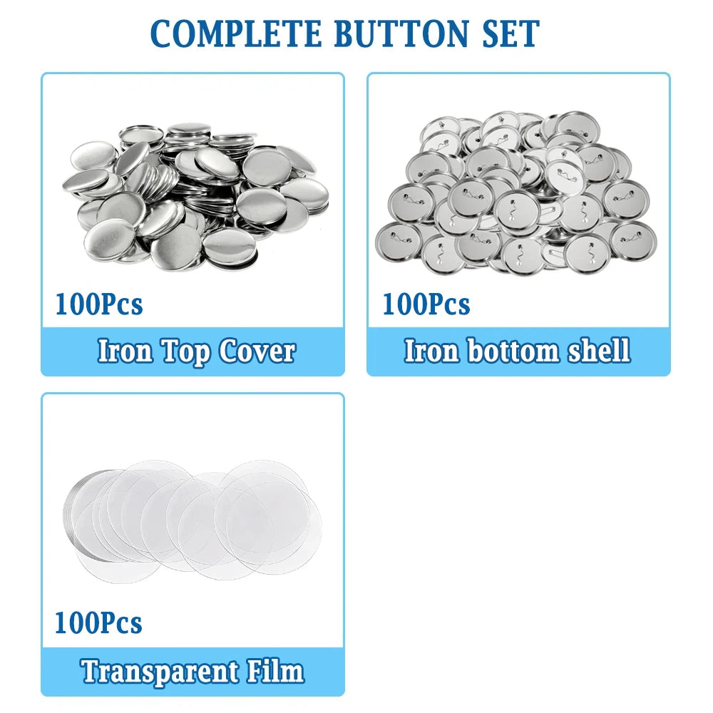 Complete button set including 100 pieces of iron top cover, iron bottom shell, and transparent film for button making