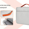 A light gray laptop case with an orange strap, showing features like inner lining upgrade and waterproof protection.