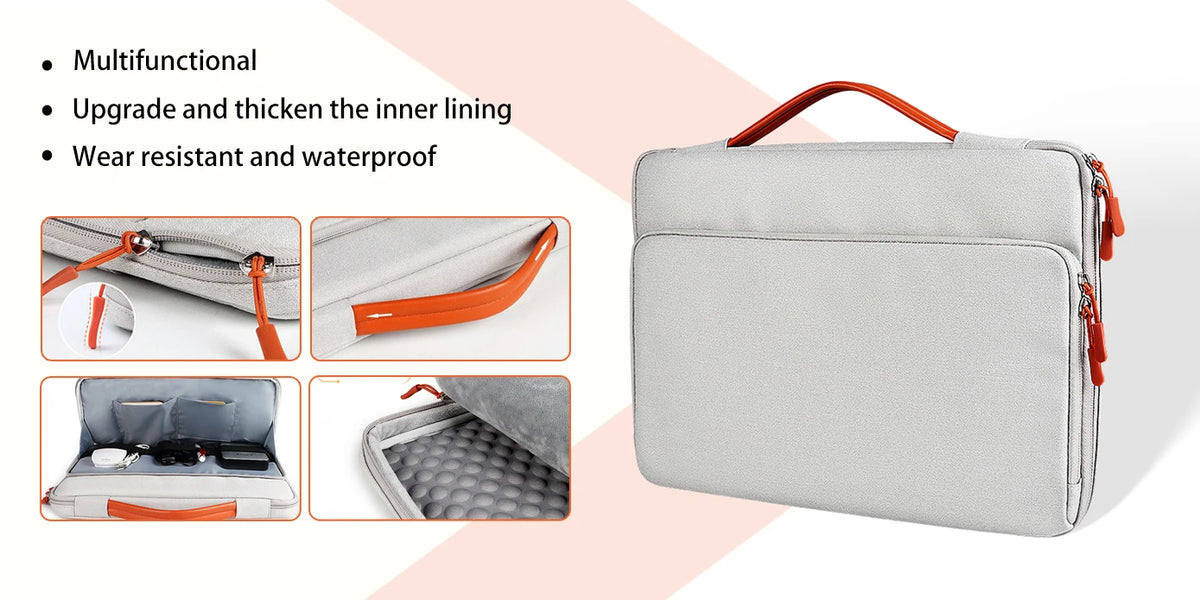 A light gray laptop case with an orange strap, showing features like inner lining upgrade and waterproof protection.