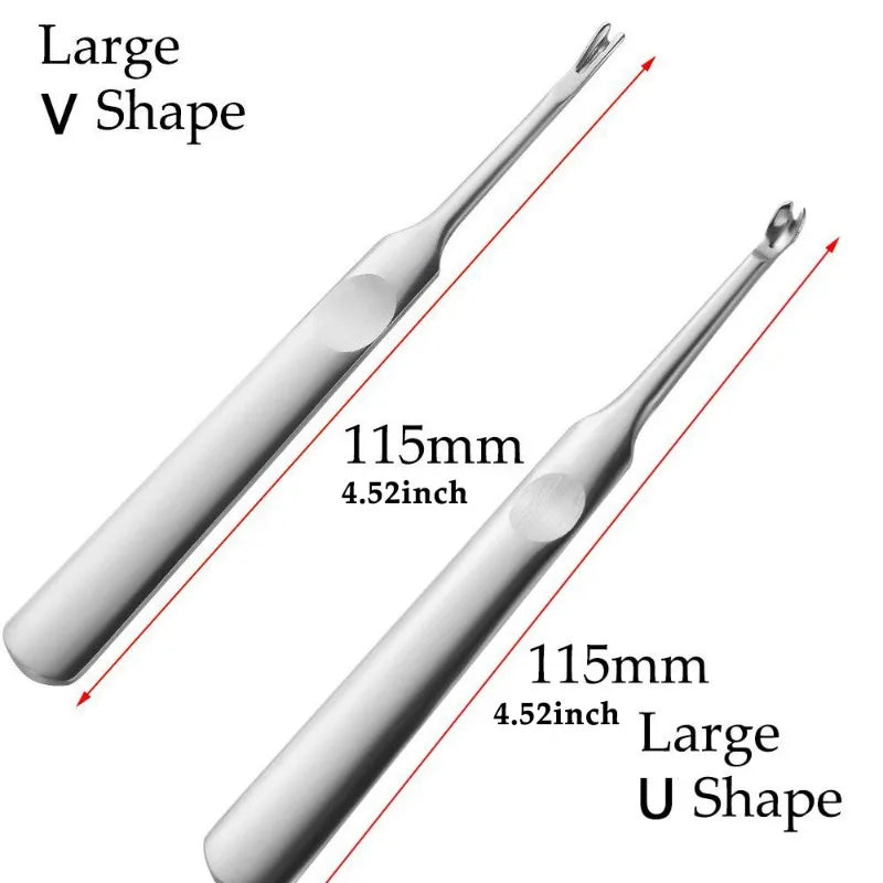 A set of two metal tools, one in a V shape and one in a U shape, used for leather work.