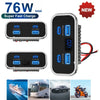A black portable power bank featuring a 76W Super Fast Charge capability with five USB ports.