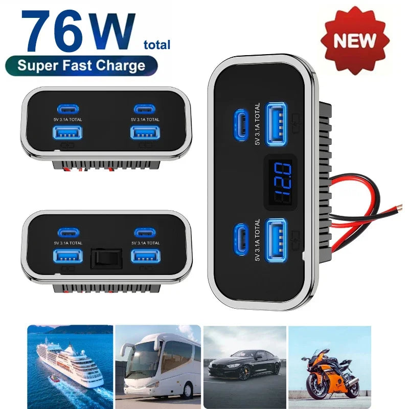 A black portable power bank featuring a 76W Super Fast Charge capability with five USB ports.