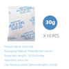 A package of desiccant silica gel bags with a 30g weight and instructions for moisture control.
