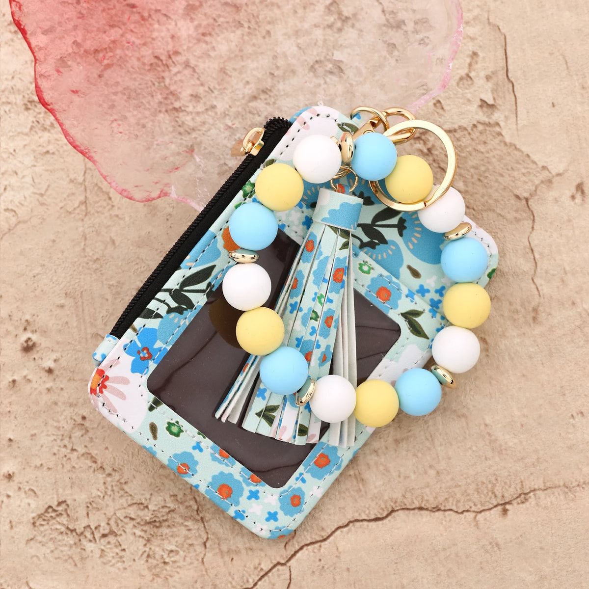 Floral Print PU Leather Wristlet Keychain Wallet with Card Holder