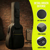 A black acoustic guitar gig bag featuring rip-stop nylon, thick padding, and smooth lining.