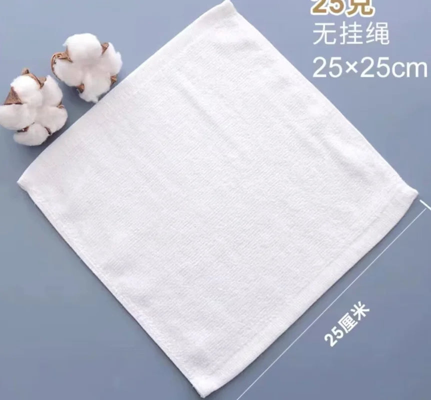 White soft cotton terry cloth face towel measuring 25x25 cm with fluffy cotton balls