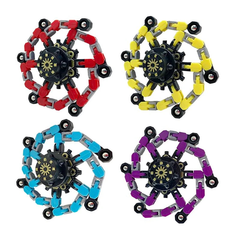 A set of four colorful transformable fidget spinners for anxiety relief