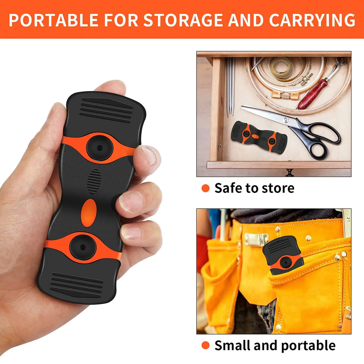 A black portable tool with an orange grip is shown being held, demonstrating its use for storage and carrying.