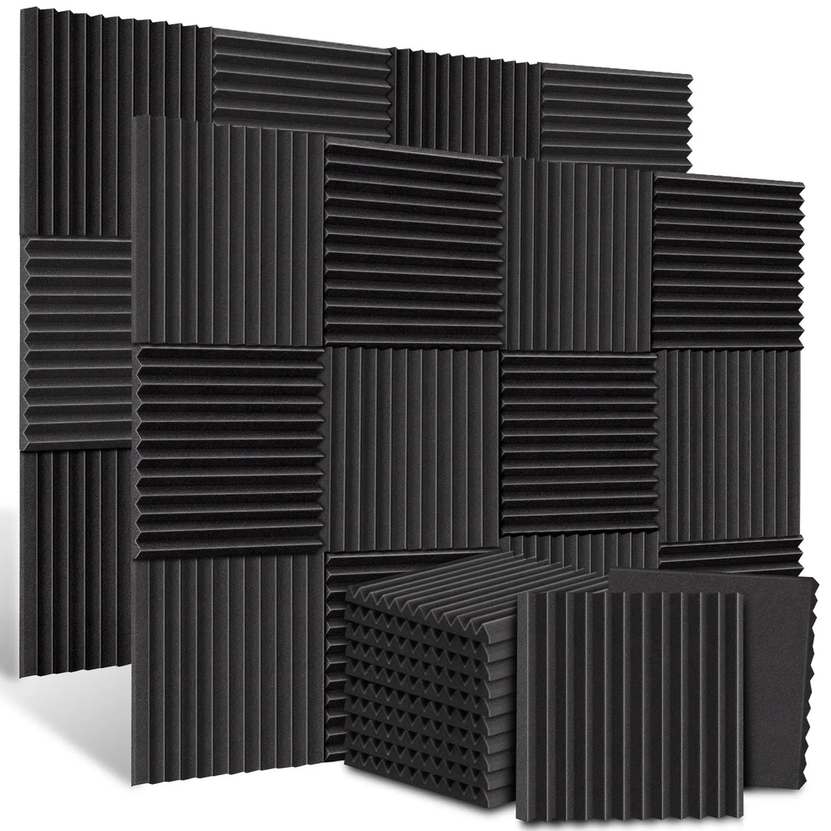 A pack of black acoustic foam panels for soundproofing and noise reduction