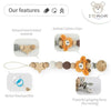 A wooden pacifier clip featuring natural beech wood and animal cotton z'lian beads.