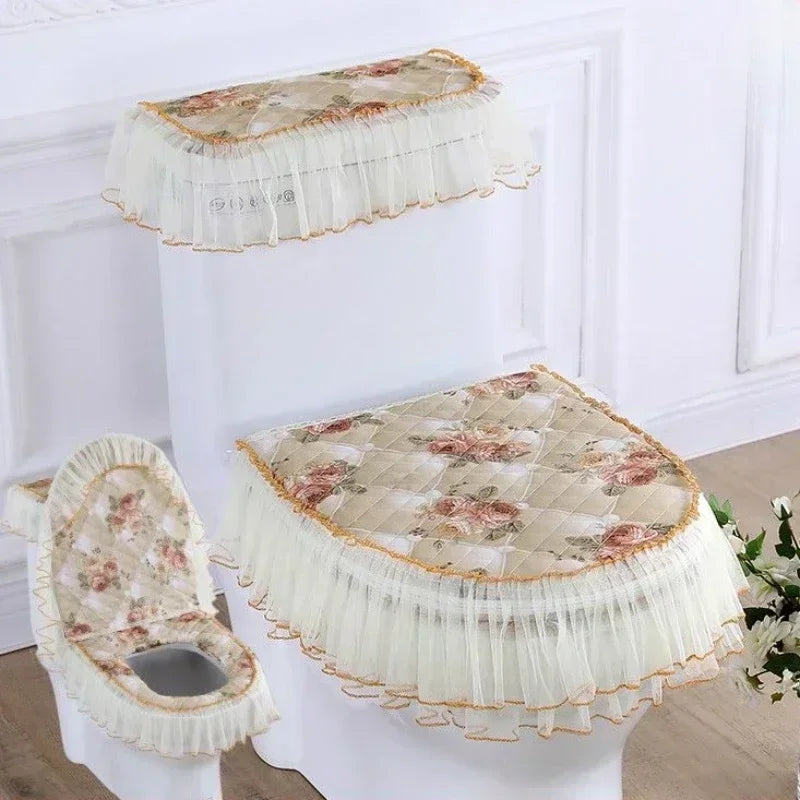 A set of antibacterial toilet seat covers featuring a floral pattern and ruffled edges on a white ceramic base.