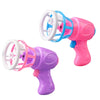 A pink and purple automatic bubble gun for kids with soft fan blades shown in two views.