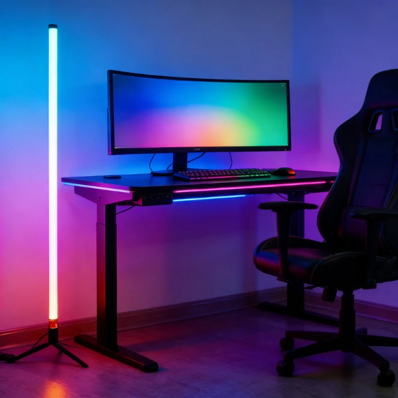 A computer setup featuring an LED RGB corner floor lamp and desk lighting in a dimly lit room.