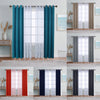 A collection of dual layer window curtains featuring sheer white fabric and solid teal, gray, and navy blue blackout panels.
