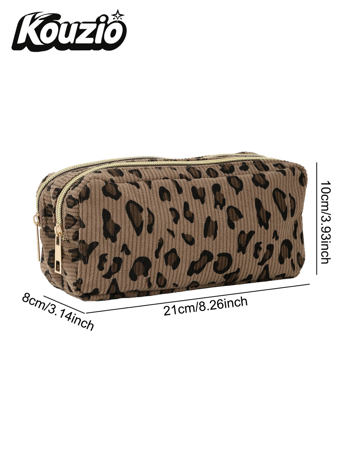 A brown leopard print double-zip pencil case with a gold zipper, measuring 8cm x 21cm.