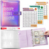 A purple envelope shows a savings challenge tracker with numbered slots and cash envelopes for saving money.