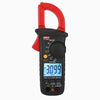 A red digital clamp meter with a black body and orange handle, displaying 3.099 amps.