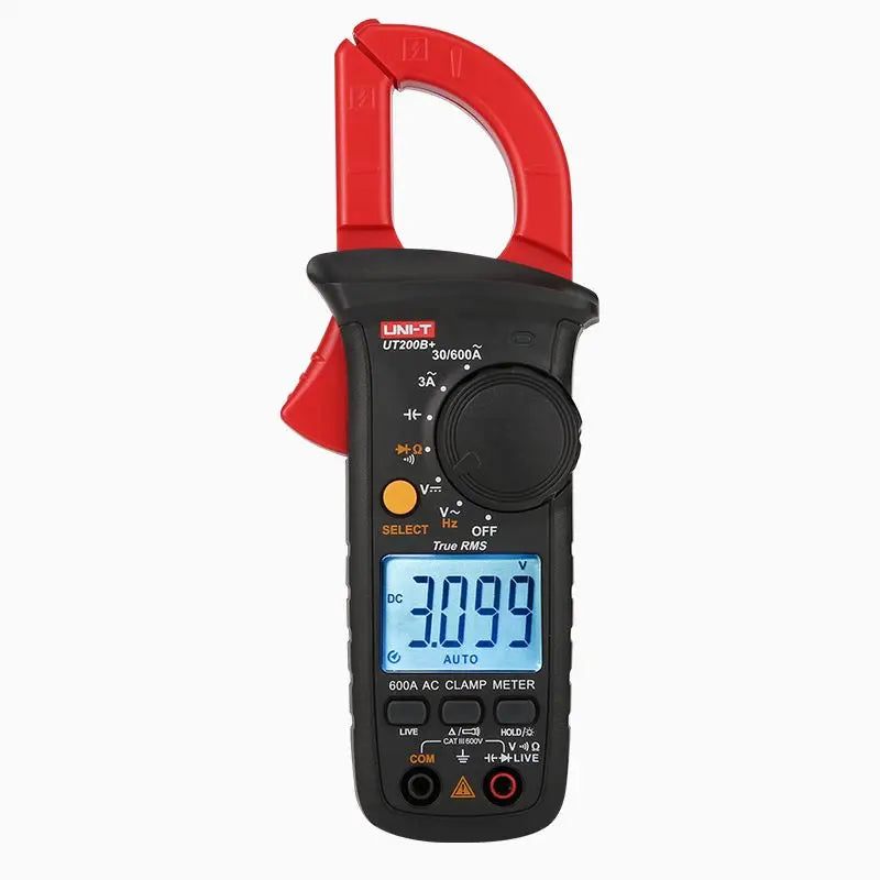 A red digital clamp meter with a black body and orange handle, displaying 3.099 amps.