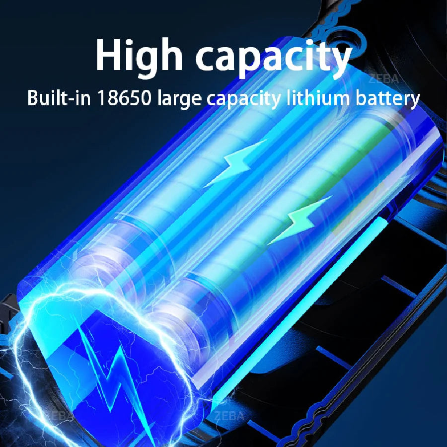 A blue lithium battery is shown inside a flashlight with lightning effects, highlighting its high capacity.