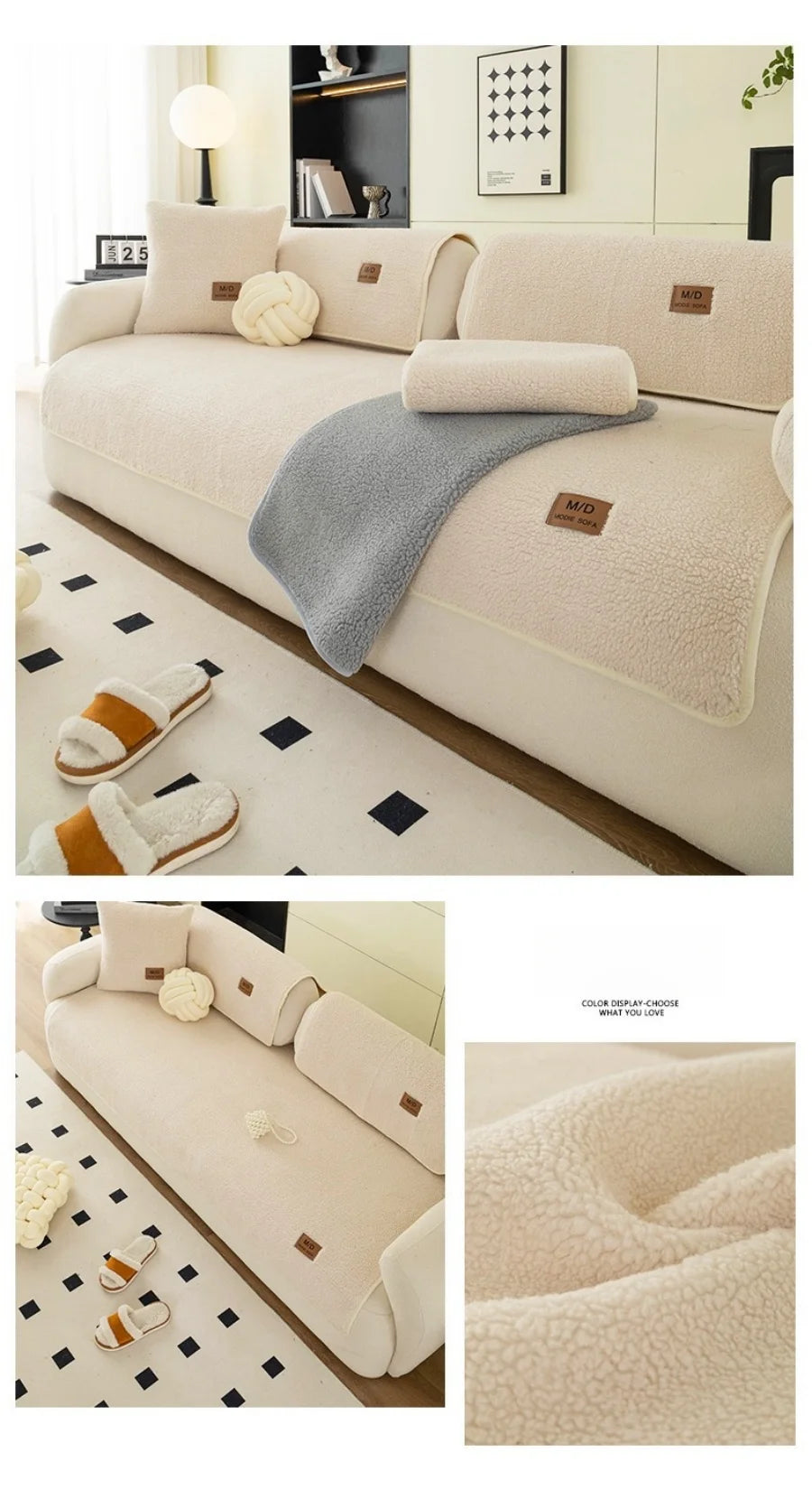 Housse de canapé sherpa beige avec accents gris et crème, affichée sur un canapé de salon.