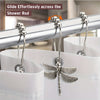 A set of rust-proof metal dragonfly shower curtain hooks gliding effortlessly across a shower rod.
