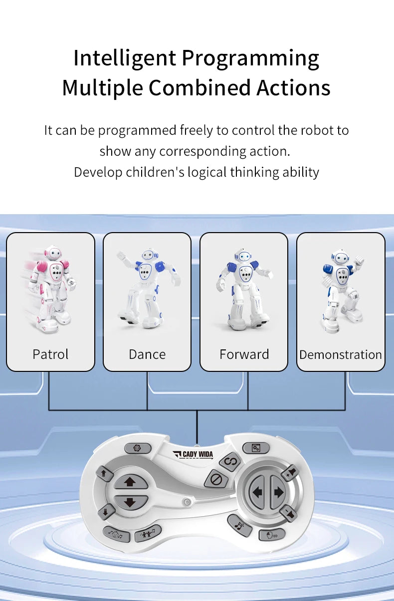 A white interactive dancing robot toy is shown on a blue surface, with control buttons visible.