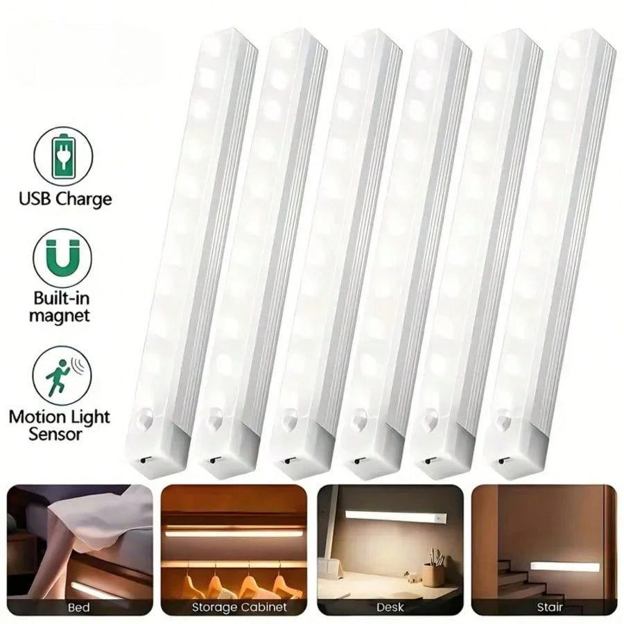 A set of white motion sensor LED night lights shown in various contexts including a bed, storage cabinet, desk, and stair.