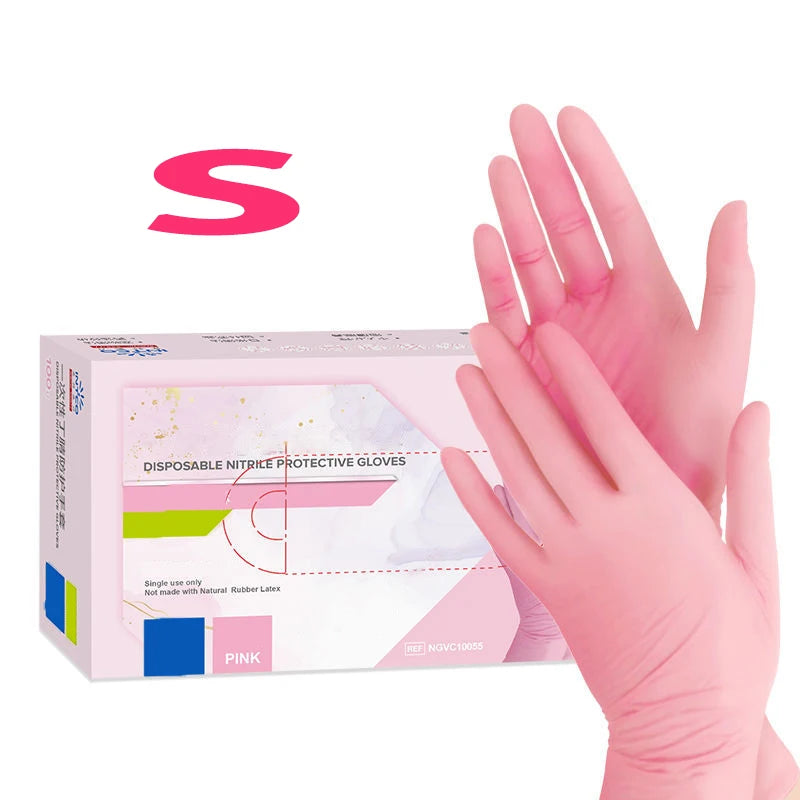 A box of pink disposable nitrile protective gloves with a large pink letter S on a white background.